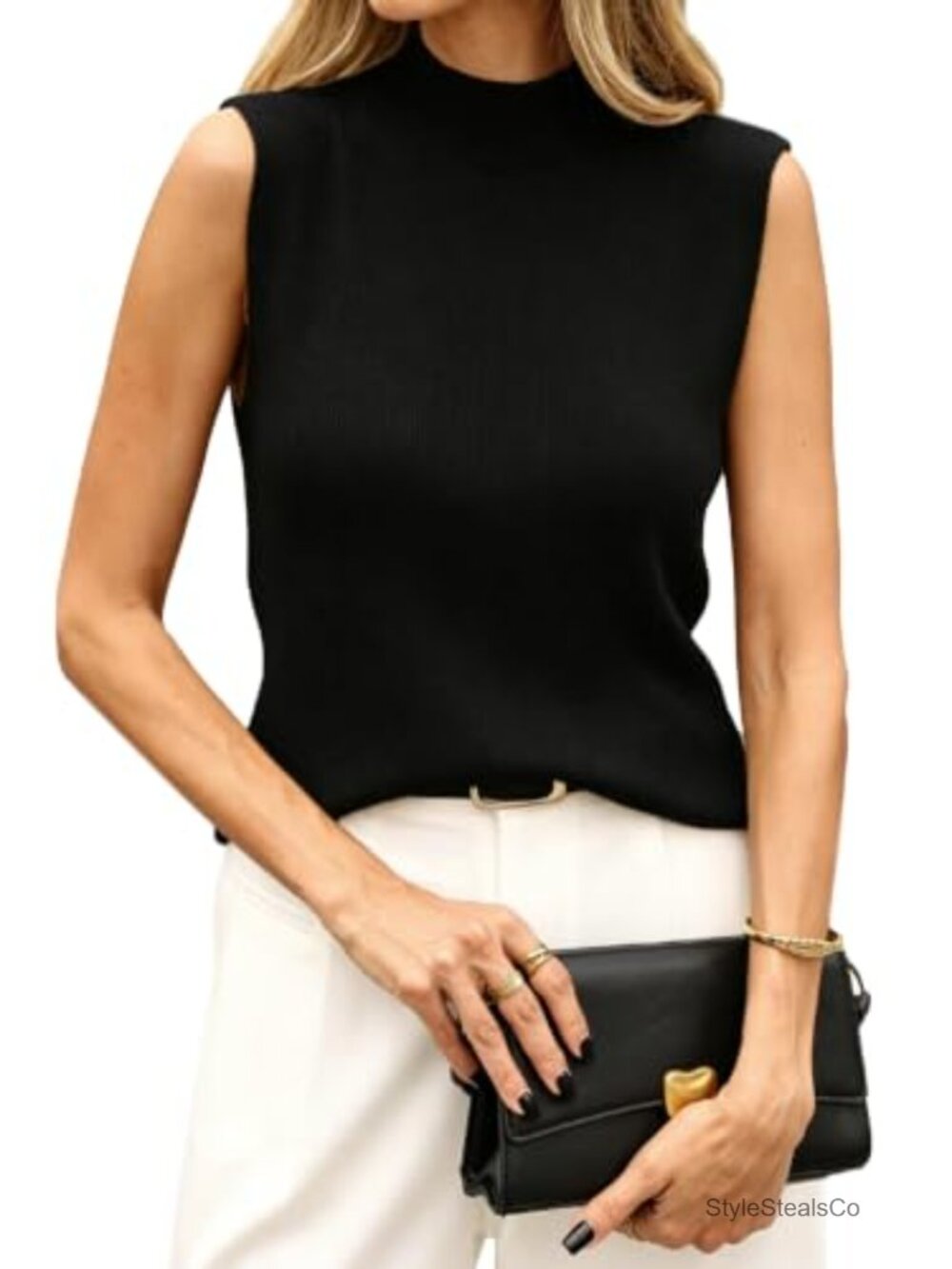 Merino Wool Blend Sleeveless Mock Turtleneck Ribbed Knit Sweater Vest